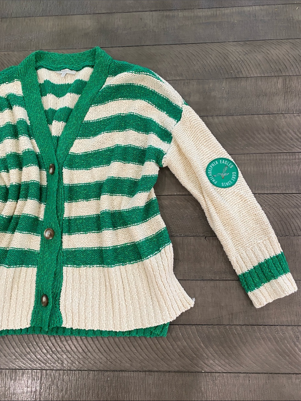Green and Cream Striped Button-Up Cardigan Sweater Philadelphia Eagles